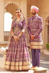 Exclusively for couple combo Purple designer outfit in pure pv silk and foil print with detailed hand mirror work